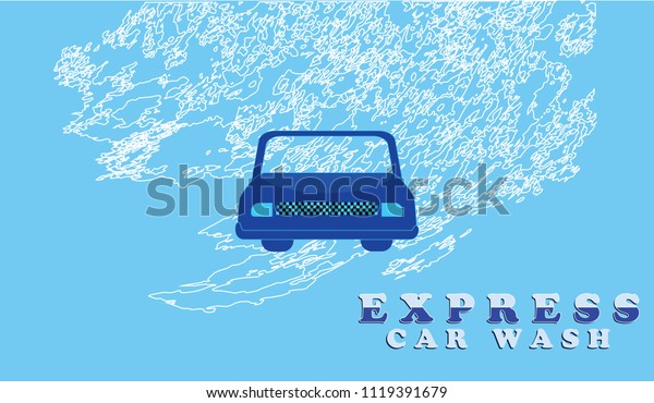 Service car wash. Machine and grunge wave -\
isolated on blue background - vector\
art.