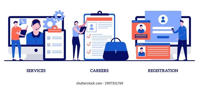 Service, careers, registration page concept with tiny people. Corporate website abstract vector illustration set. Menu bar design, corporate website, create account, user experience metaphor.