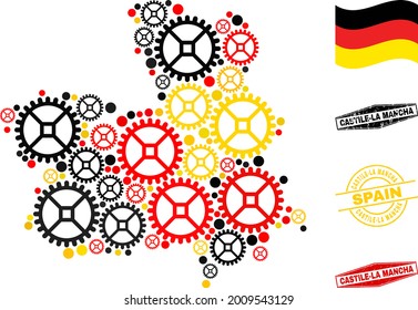 Service Castile-La Mancha Province map mosaic and stamps. Vector collage is created of service elements in different sizes, and German flag official colors - red, yellow, black.