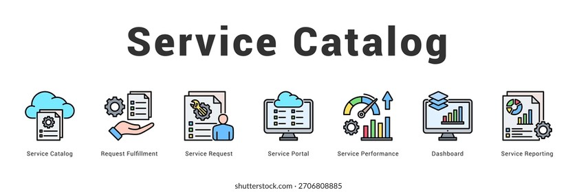 Catálogo de servicio Ilustración de Anuncio de Web moderno y limpio con íconos temáticos para la comunicación visual