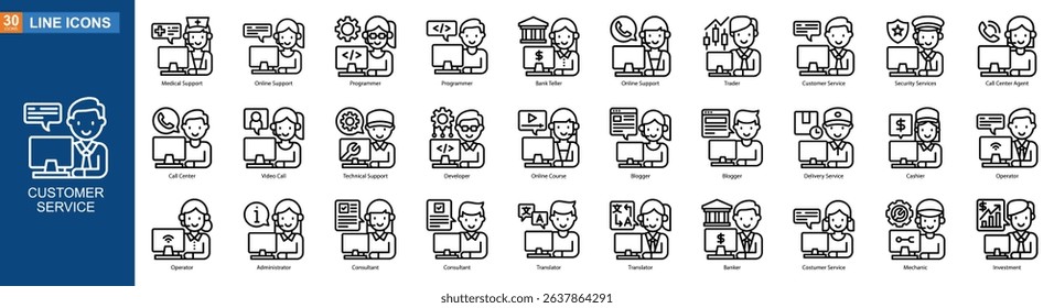Service Center icon collection line style, Medical Support, Online Support, Programmer, Programmer, Bank Teller, Online Support, Vector illustration
