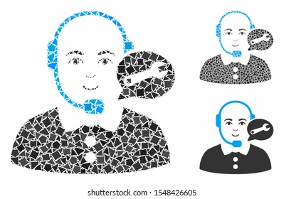 Service center lady operator composition of uneven parts in variable sizes and shades, based on service center lady operator icon. Vector tremulant dots are composed into composition.