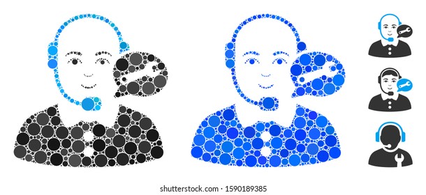 Service center lady operator mosaic of circle elements in variable sizes and color hues, based on service center lady operator icon. Vector dots are organized into blue mosaic.