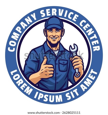 Service center logotype design with man technician holding spanner in his hand. 