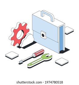 Service center, portfolio, repair tools, settings, cloud server, gear. Vector 3d line isometric, color web icons, new flat style. Creative design idea for infographics.