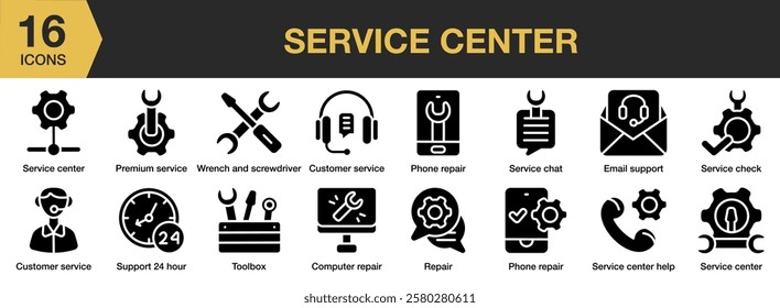 Service Center solid icon set. Includes service, center, customer, support, help, call, technology, and More. Solid icons vector collection.