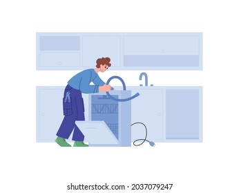 Service center worker installing or repairing dishwasher, flat cartoon vector illustration isolated on white background. Repairman fixing washing machine.