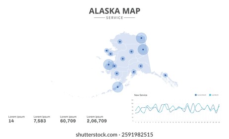 Service centers are highlighted within the of Alaska Infographic map. Business Infographic Map of Alaska. Vector Map of a Alaska map. Easy to edit