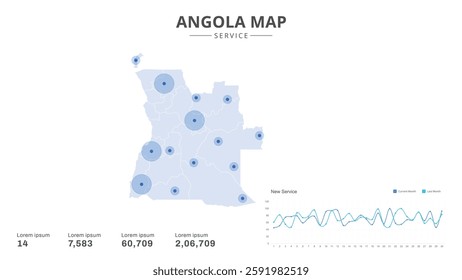Service centers are highlighted within the of Angola Infographic map. Business Infographic Map of Angola. Vector Map of a Angola map. Easy to edit