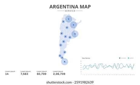 Service centers are highlighted within the of Argentina Infographic map. Business Infographic Map of Argentina. Vector Map of a Argentina map. Easy to edit