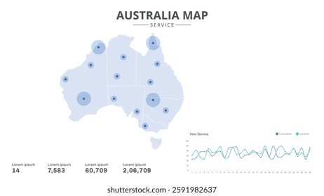 Service centers are highlighted within the of Australia Infographic map. Business Infographic Map of Australia. Vector Map of a Australia map. Easy to edit