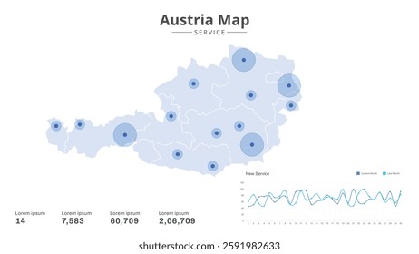 Service centers are highlighted within the of Austria Infographic map. Business Infographic Map of Austria. Vector Map of a Austria map. Easy to edit