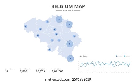 Service centers are highlighted within the of Belgium Infographic map. Business Infographic Map of Belgium. Vector Map of a Belgium map. Easy to edit