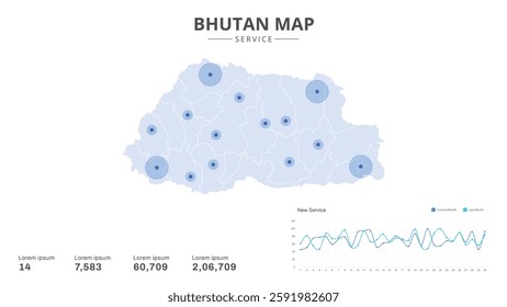 Service centers are highlighted within the of Bhutan Infographic map. Business Infographic Map of Bhutan. Vector Map of a Bhutan map. Easy to edit