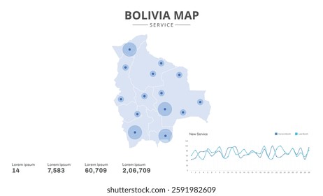 Service centers are highlighted within the of Bolivia Infographic map. Business Infographic Map of Bolivia. Vector Map of a Bolivia map. Easy to edit