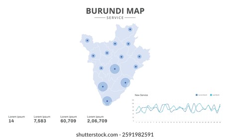 Service centers are highlighted within the of Burundi Infographic map. Business Infographic Map of Burundi. Vector Map of a Burundi map. Easy to edit