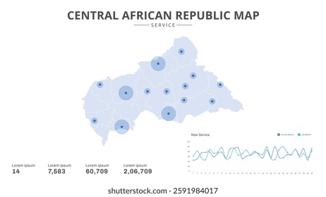 Service centers are highlighted within the of Central African Republic Infographic map. Business Infographic Map of Central African Republic. Vector Map of a Central African Republic map.