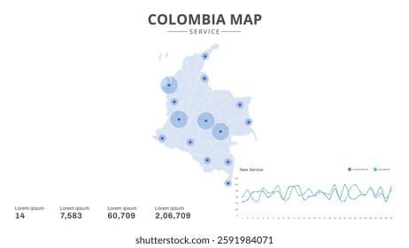 Service centers are highlighted within the of Colombia Infographic map. Business Infographic Map of Colombia. Vector Map of a Colombia map. Easy to edit