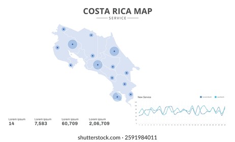 Service centers are highlighted within the of Costa Rica Infographic map. Business Infographic Map of Costa Rica. Vector Map of a Costa Rica map. Easy to edit