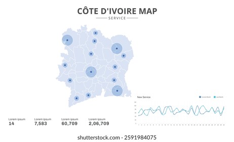 Service centers are highlighted within the of Cote d'Ivoire Infographic map. Business Infographic Map of Cote d'Ivoire. Vector Map of a Cote d'Ivoire map. Easy to edit