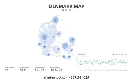 Service centers are highlighted within the of Denmark Infographic map. Business Infographic Map of Denmark. Vector Map of a Denmark map. Easy to edit