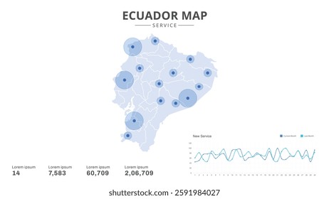 Service centers are highlighted within the of Ecuador Infographic map. Business Infographic Map of Ecuador. Vector Map of a Ecuador map. Easy to edit