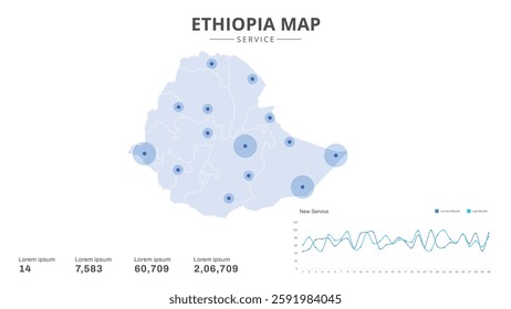 Service centers are highlighted within the of Ethiopia Infographic map. Business Infographic Map of Ethiopia. Vector Map of a Ethiopia map. Easy to edit