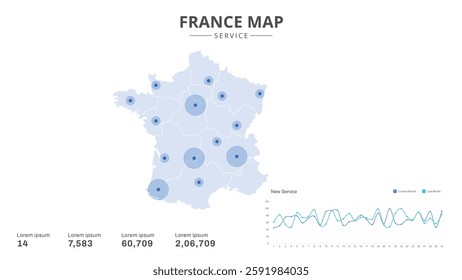 Service centers are highlighted within the of France Infographic map. Business Infographic Map of France. Vector Map of a France map. Easy to edit