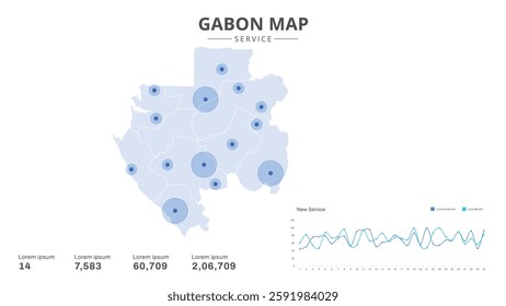 Service centers are highlighted within the of Gabon Infographic map. Business Infographic Map of Gabon. Vector Map of a Gabon map. Easy to edit