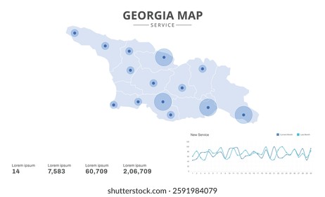Service centers are highlighted within the of Georgia Infographic map. Business Infographic Map of Georgia. Vector Map of a Georgia map. Easy to edit