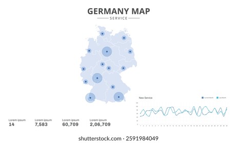 Service centers are highlighted within the of Germany Infographic map. Business Infographic Map of Germany. Vector Map of a Germany map. Easy to edit