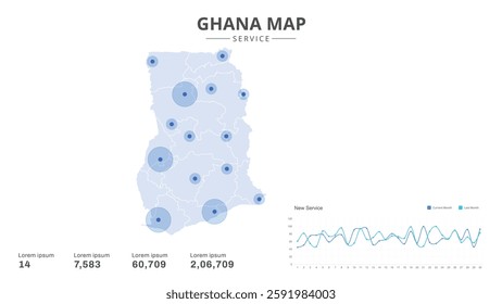 Service centers are highlighted within the of Ghana Infographic map. Business Infographic Map of Ghana. Vector Map of a Ghana map. Easy to edit