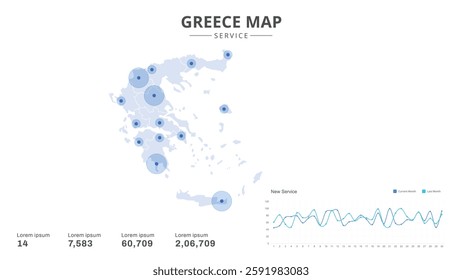 Service centers are highlighted within the of Greece Infographic map. Business Infographic Map of Greece. Vector Map of a Greece map. Easy to edit