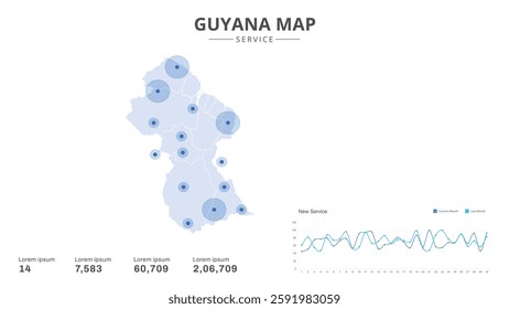 Service centers are highlighted within the of Guyana Infographic map. Business Infographic Map of Guyana. Vector Map of a Guyana map. Easy to edit