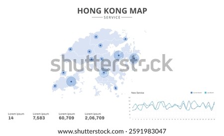 Service centers are highlighted within the of Hong Kong Infographic map. Business Infographic Map of Hong Kong. Vector Map of a Hong Kong map. Easy to edit