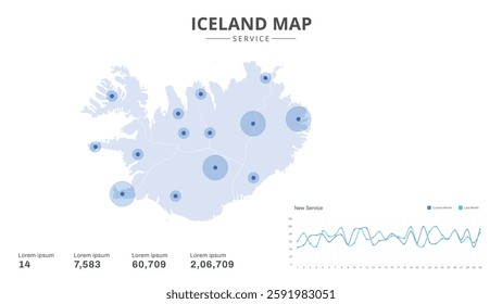 Service centers are highlighted within the of Iceland Infographic map. Business Infographic Map of Iceland. Vector Map of a Iceland map. Easy to edit