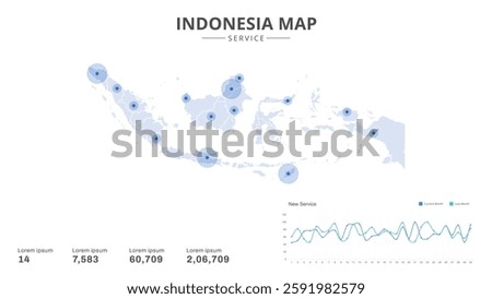 Service centers are highlighted within the of Indonesia Infographic map. Business Infographic Map of Indonesia. Vector Map of a Indonesia map. Easy to edit