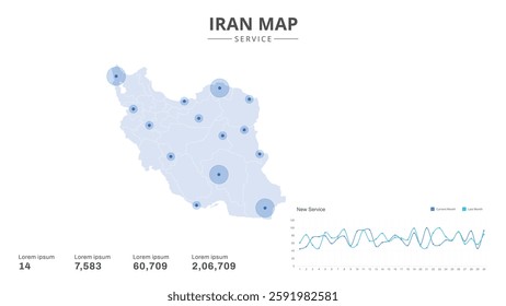 Service centers are highlighted within the of Iran Infographic map. Business Infographic Map of Iran. Vector Map of a Iran map. Easy to edit