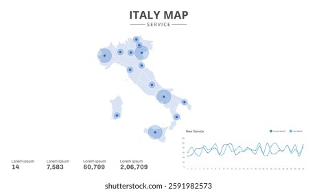 Service centers are highlighted within the of Italy Infographic map. Business Infographic Map of Italy. Vector Map of a Italy map. Easy to edit