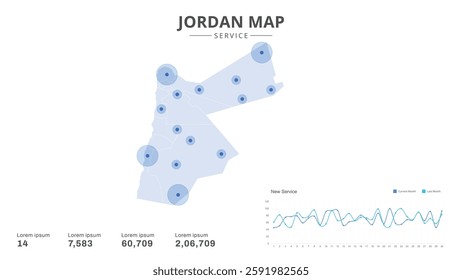 Service centers are highlighted within the of Jordan Infographic map. Business Infographic Map of Jordan. Vector Map of a Jordan map. Easy to edit