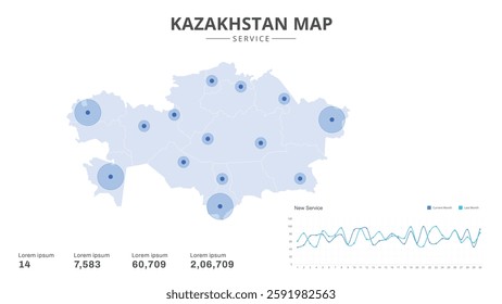 Service centers are highlighted within the of Kazakhstan Infographic map. Business Infographic Map of Kazakhstan. Vector Map of a Kazakhstan map. Easy to edit