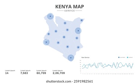 Service centers are highlighted within the of Kenya Infographic map. Business Infographic Map of Kenya. Vector Map of a Kenya map. Easy to edit