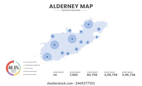 Service centers are highlighted within the map of Alderney Map, Infographic map of Alderney Vector Illustration