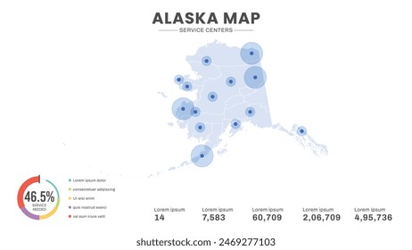 Service centers are highlighted within the map of Alaska Map, Infographic map of Alaska Vector Illustration