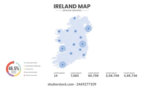 Service centers are highlighted within the map of Ireland Map, Infographic map of Ireland Vector Illustration