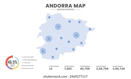 Service centers are highlighted within the map of Andorra Map, Infographic map of Andorra Vector Illustration