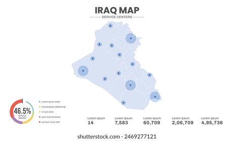 Service centers are highlighted within the map of Iraq Map, Infographic map of Iraq Vector Illustration