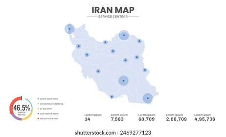 Service centers are highlighted within the map of Iran Map, Infographic map of Iran Vector Illustration