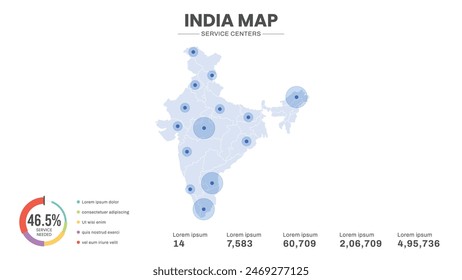 Service centers are highlighted within the map of India Map, Infographic map of India Vector Illustration