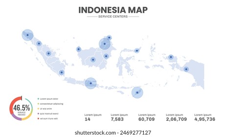Service centers are highlighted within the map of Indonesia Map, Infographic map of Indonesia Vector Illustration